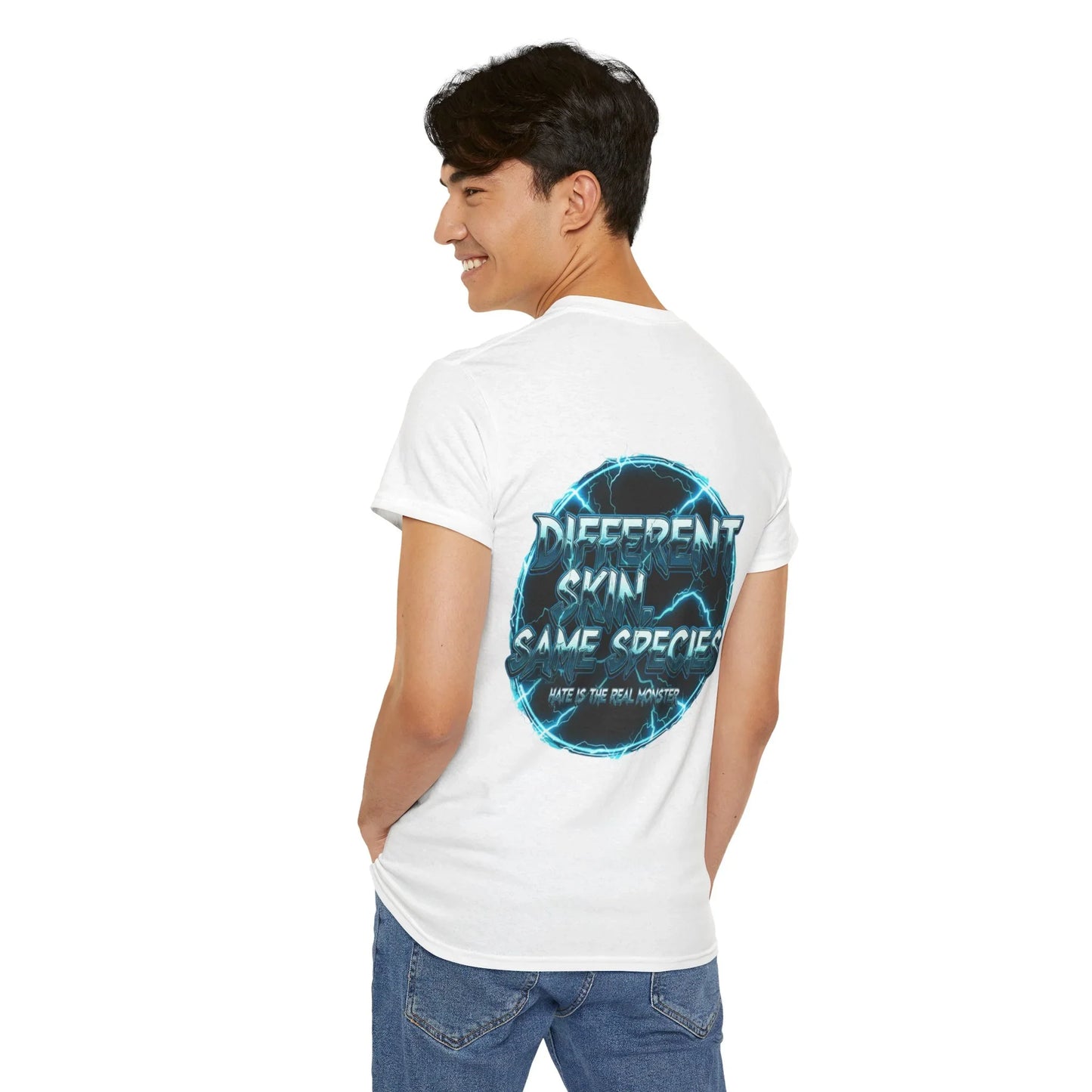 Man wearing white graphic t-shirt with 'Different Skin, Same Species' text on back