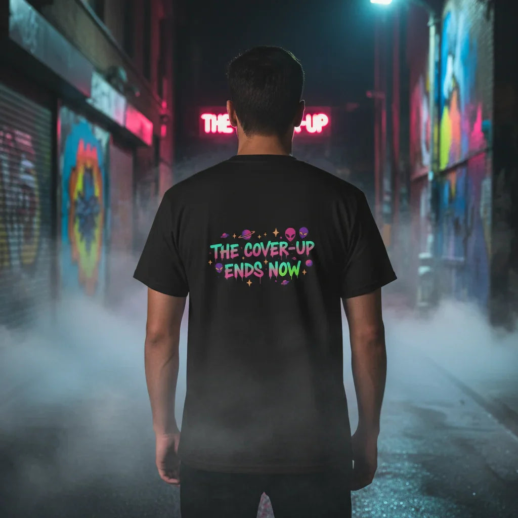 Man wearing 'The cover-up ends now' graphic t-shirt in urban graffiti alley with neon lights