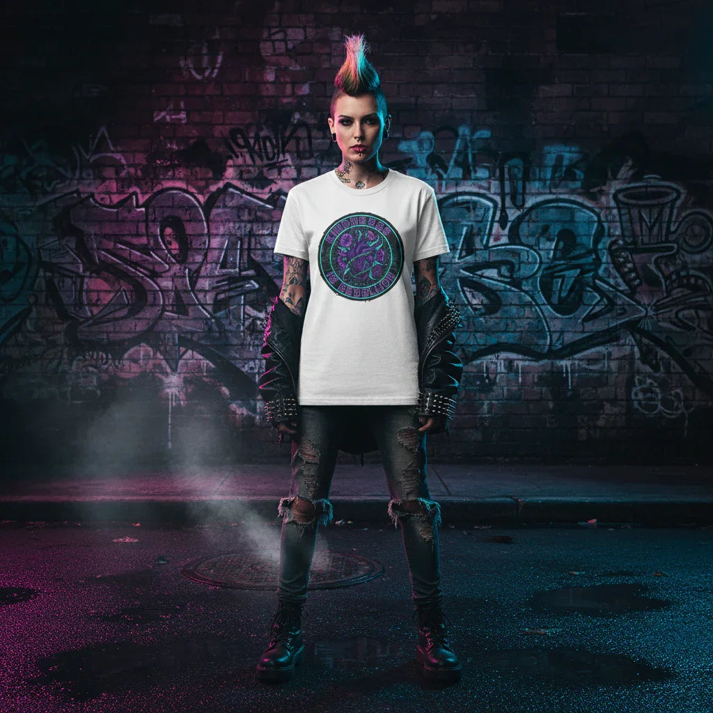 Punk style person with mohawk in graphic t-shirt and leather jacket, urban graffiti background