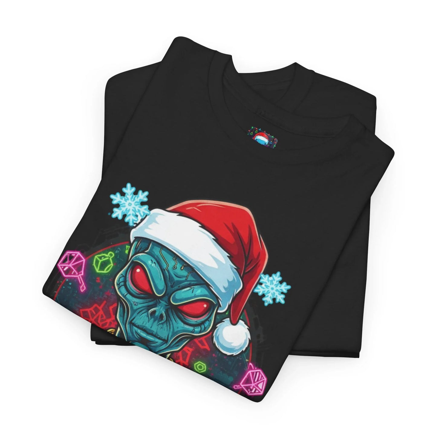 Black t-shirt with alien in Santa hat, neon dice, and snowflakes graphic