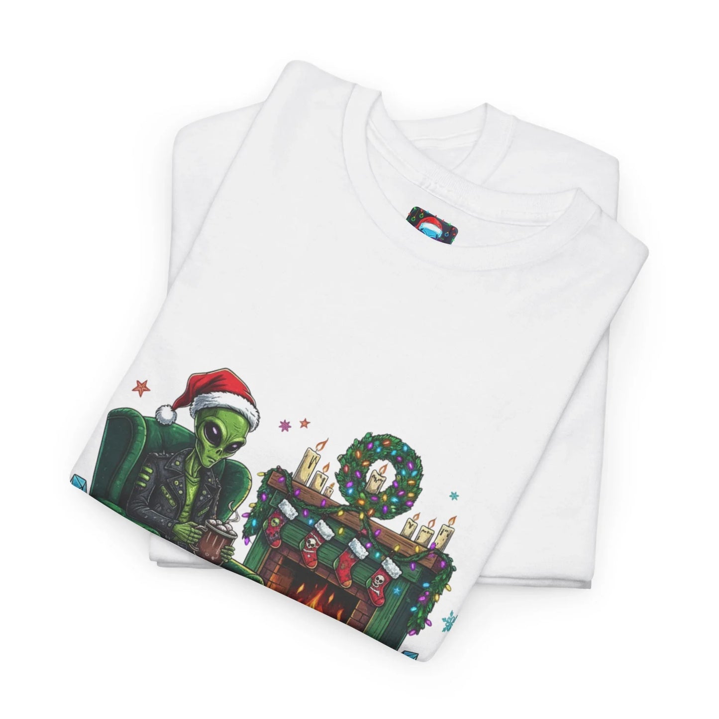 White Christmas t-shirt with alien in Santa hat, fireplace, stockings, and wreath print