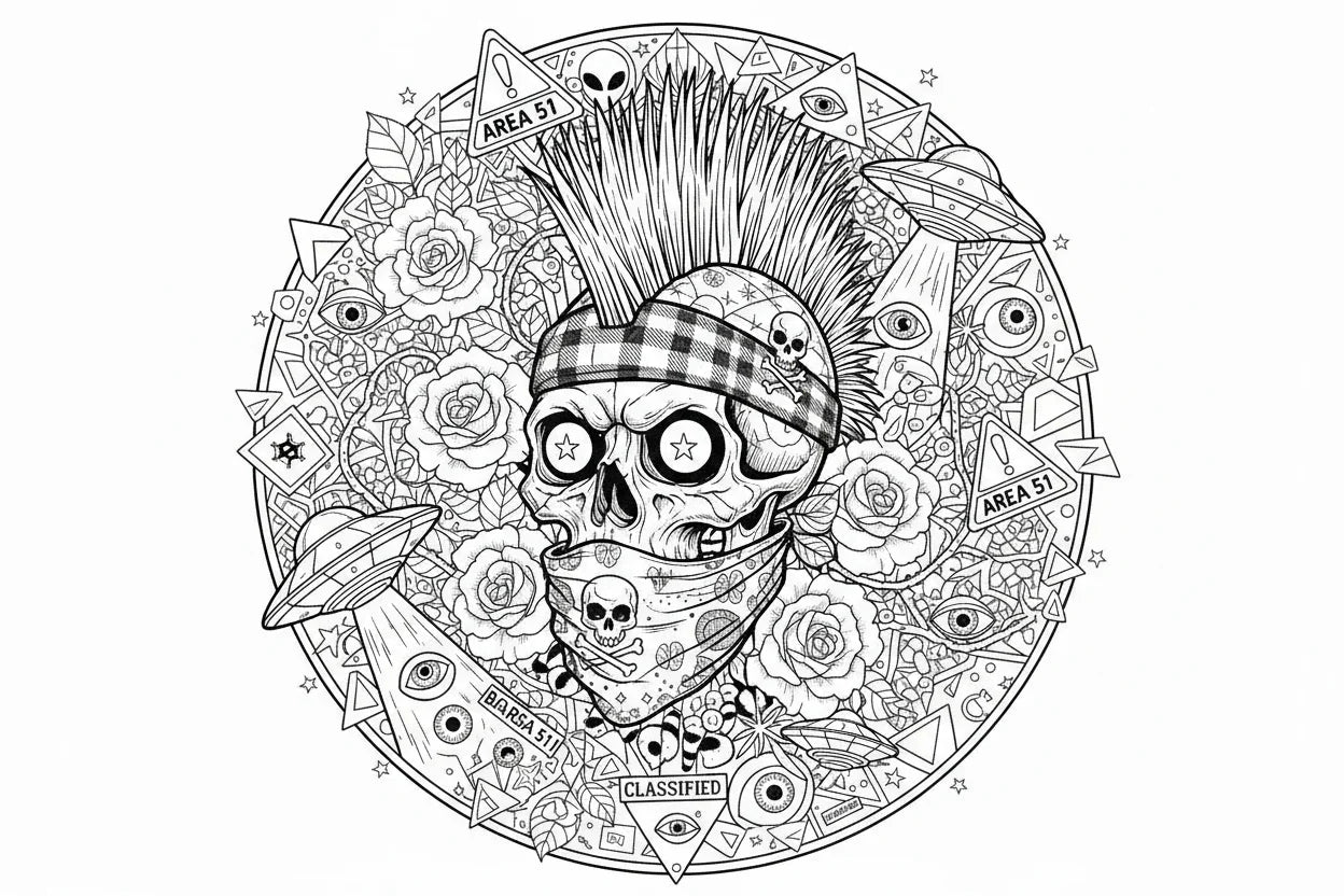 Punk skull with mohawk, UFOs, Area 51 signs, roses, and eyes in detailed black and white art