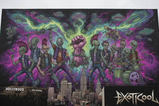 Alien punk band mural with green-skinned aliens, mohawks, city skyline, UFOs, neon colors