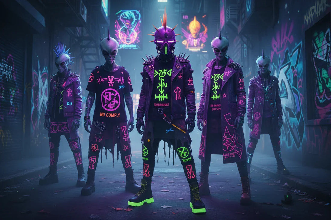 Alien punk streetwear group with neon outfits and mohawks in a graffiti-covered alley