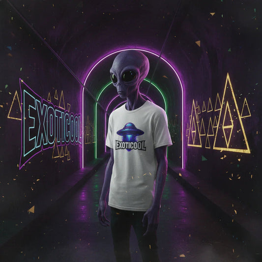 Alien in tunnel wearing EXOTICOOL t-shirt, neon lights and geometric wall art