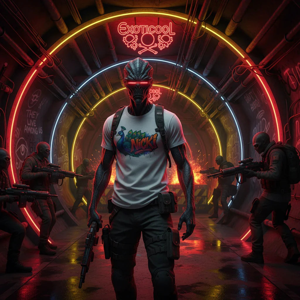 Alien in graphic Nicki t-shirt stands in neon-lit tunnel with armed guards, sci-fi setting