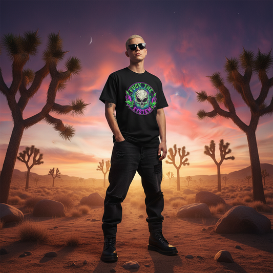 Man wearing black graphic t-shirt and sunglasses standing in desert at sunset with Joshua trees