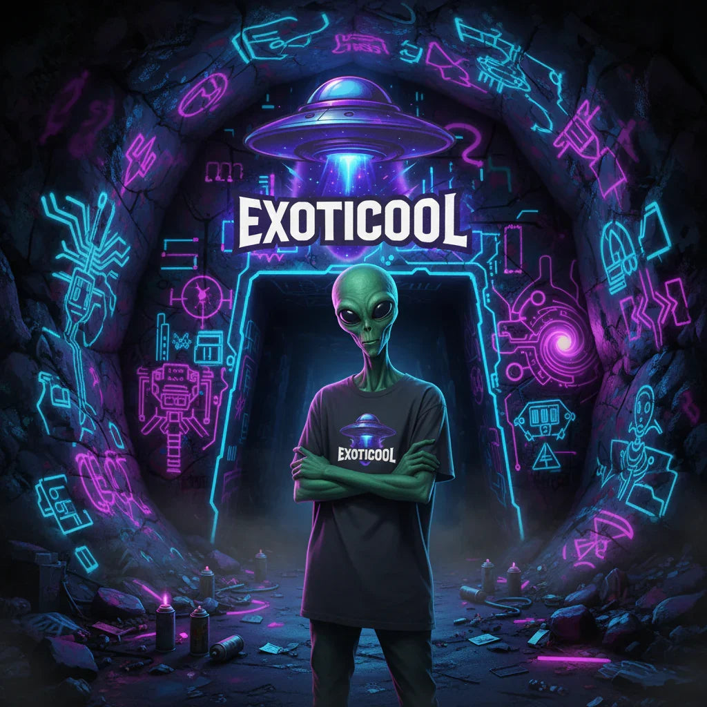 Alien in dark tunnel with neon blue and purple graffiti, EXOTICOOL logo, and UFO art