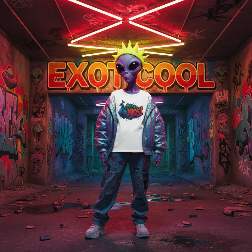 Alien in streetwear stands in neon-lit graffiti tunnel with EXOTICOOL sign, urban fashion
