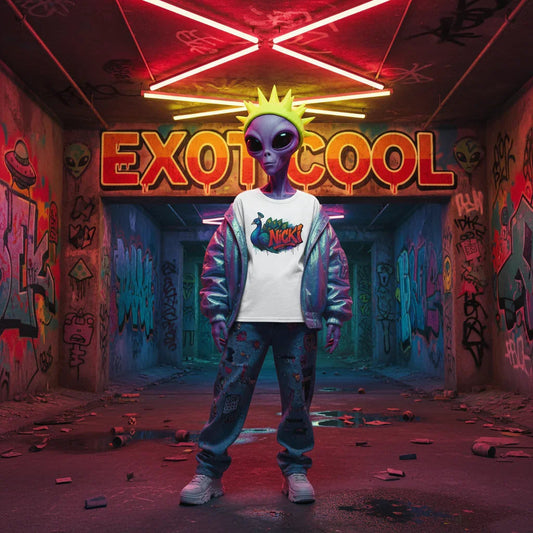 Alien in streetwear stands in neon-lit graffiti tunnel with EXOTICOOL sign, urban fashion