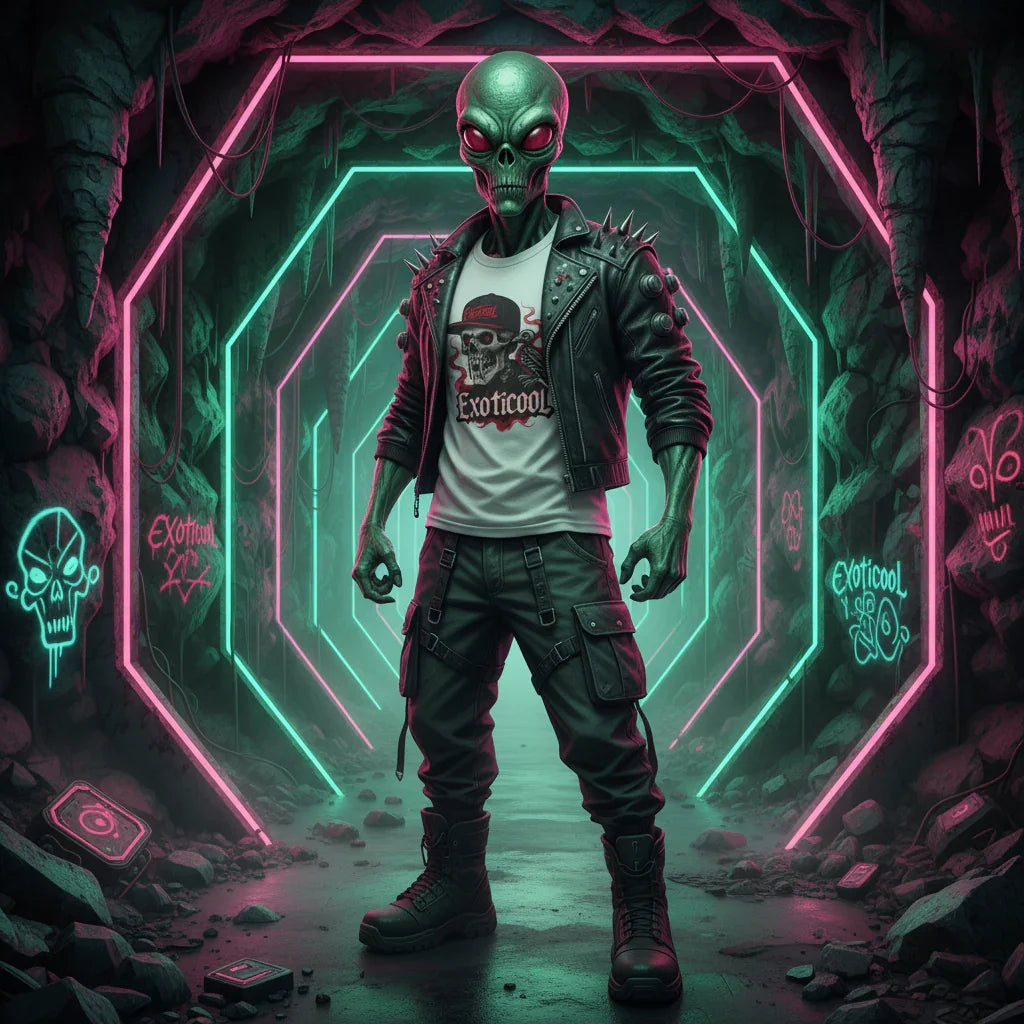 Alien in leather jacket and Exoticool t-shirt in neon-lit tunnel with graffiti