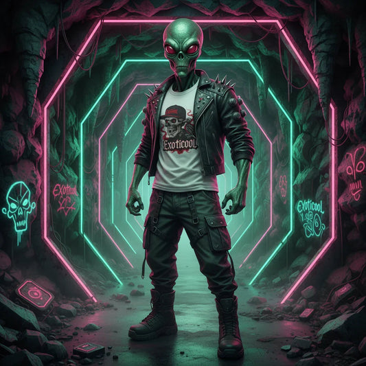 Alien in leather jacket and Exoticool t-shirt in neon-lit tunnel with graffiti