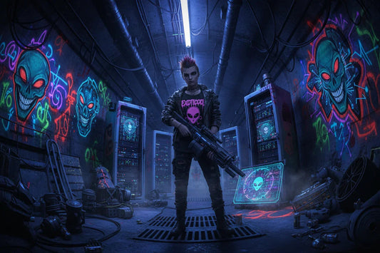 Underground bunker with neon alien graffiti, armed figure, and futuristic servers