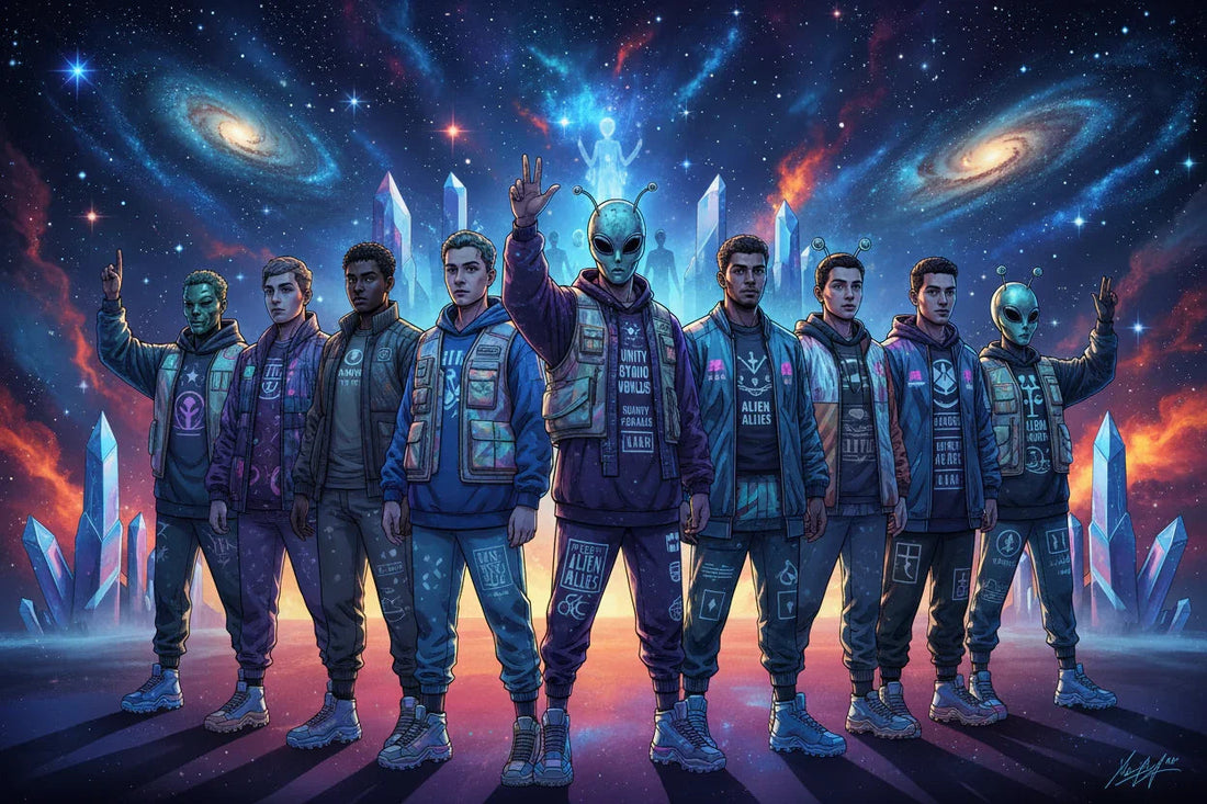 Unity alien streetwear group standing in a cosmic galaxy with crystals and stars