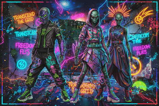 Futuristic neon streetwear fashion with three aliens in vibrant cyberpunk outfits and graffiti backdrop