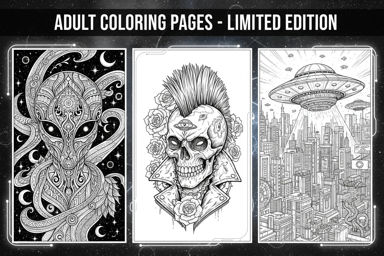 Adult coloring pages limited edition featuring cosmic alien, punk skull, and UFO city designs