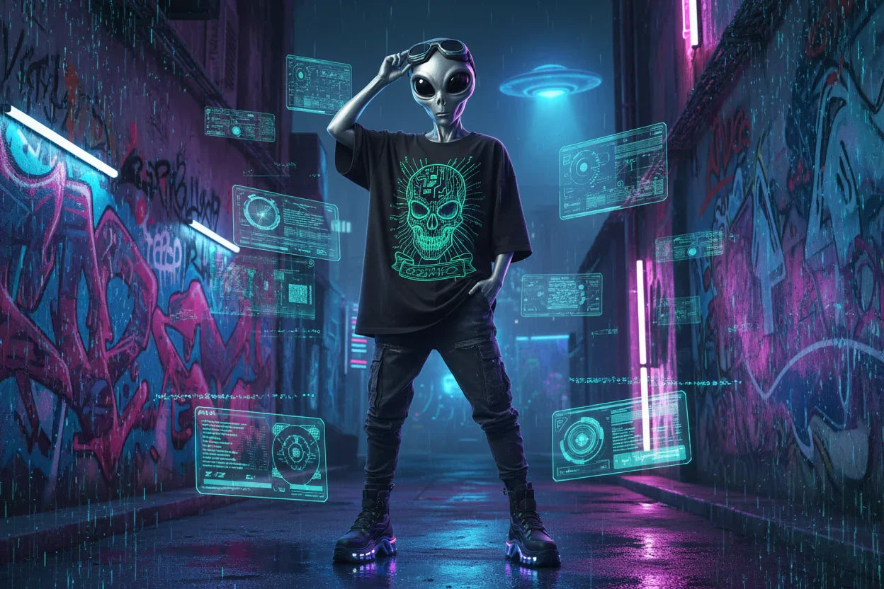 Alien in Exoticool merch t-shirt with neon skull, standing in graffiti alley, cyberpunk style