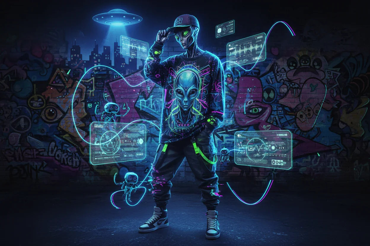 Alien in long sleeve tee with futuristic graphics, streetwear, graffiti background, neon colors