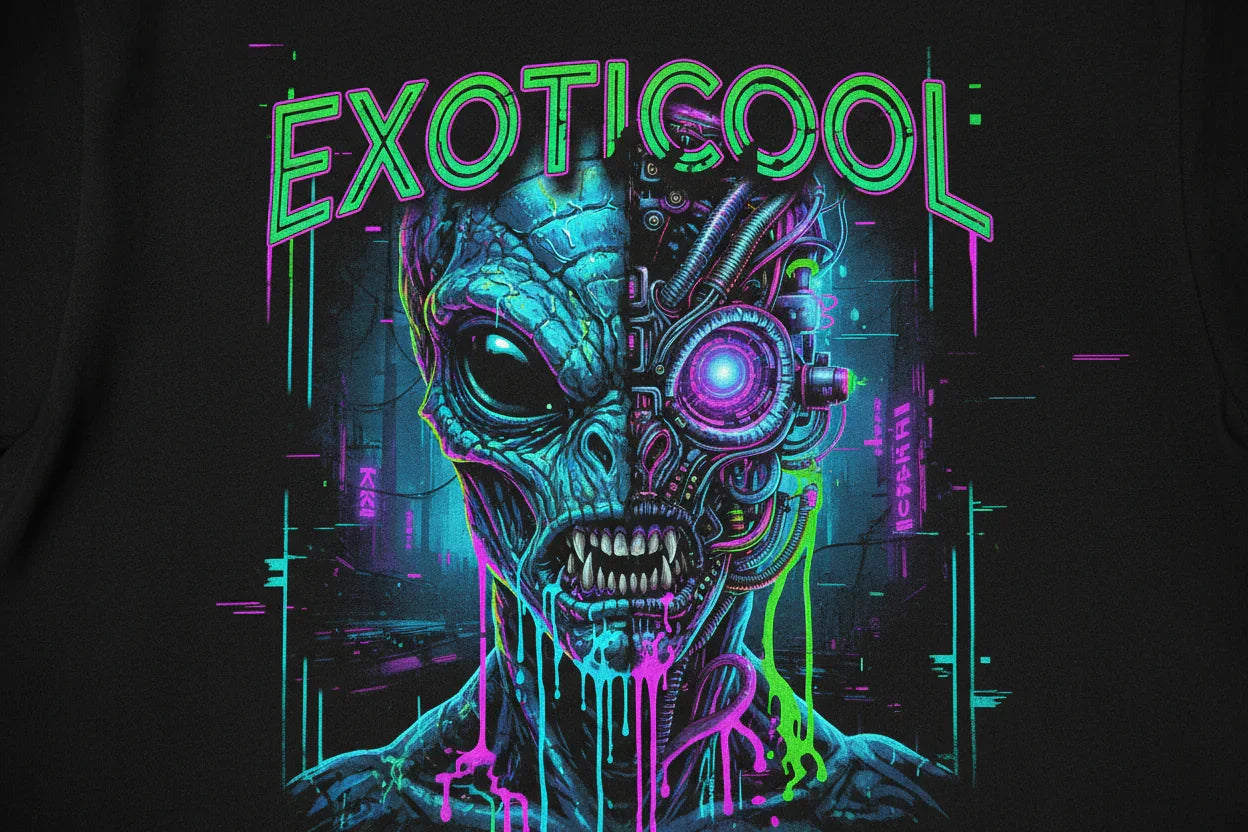 Biomechanical alien split face with neon cyberpunk elements and glowing wires, EXOTICOOL text