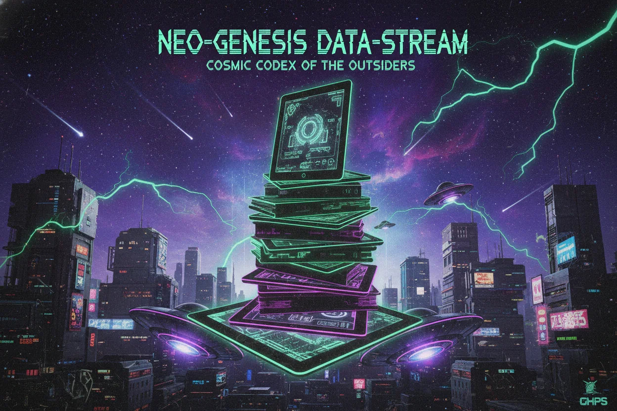 Alien punk digital books collection with neon tablets, UFOs, and futuristic city skyline