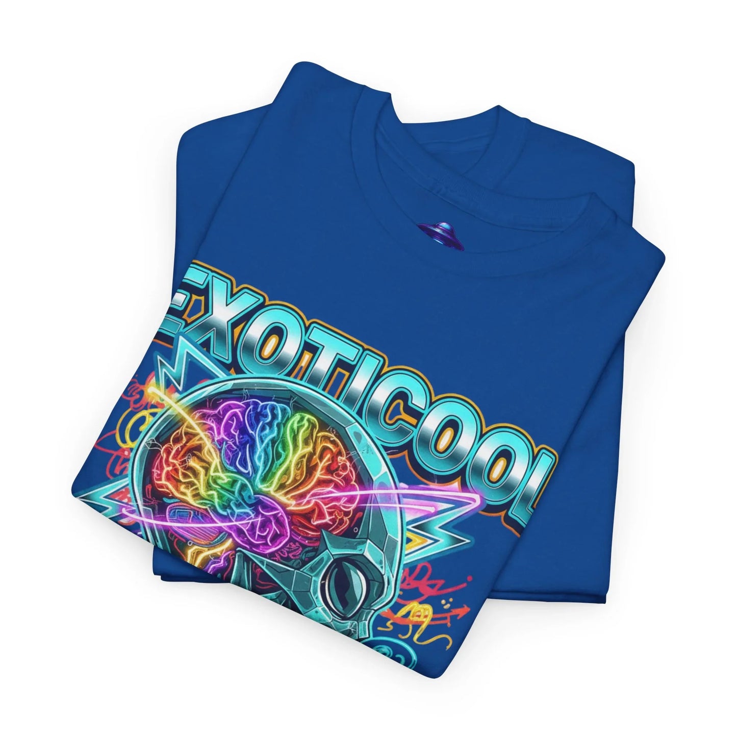 Blue EXOTICOOL t-shirt with neon brain and futuristic design, folded on white background