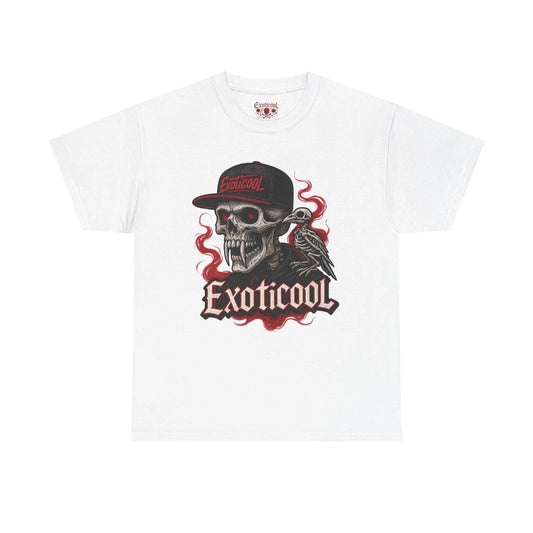 White Exoticoool t-shirt with skull in cap, raven, and red smoke graphic design