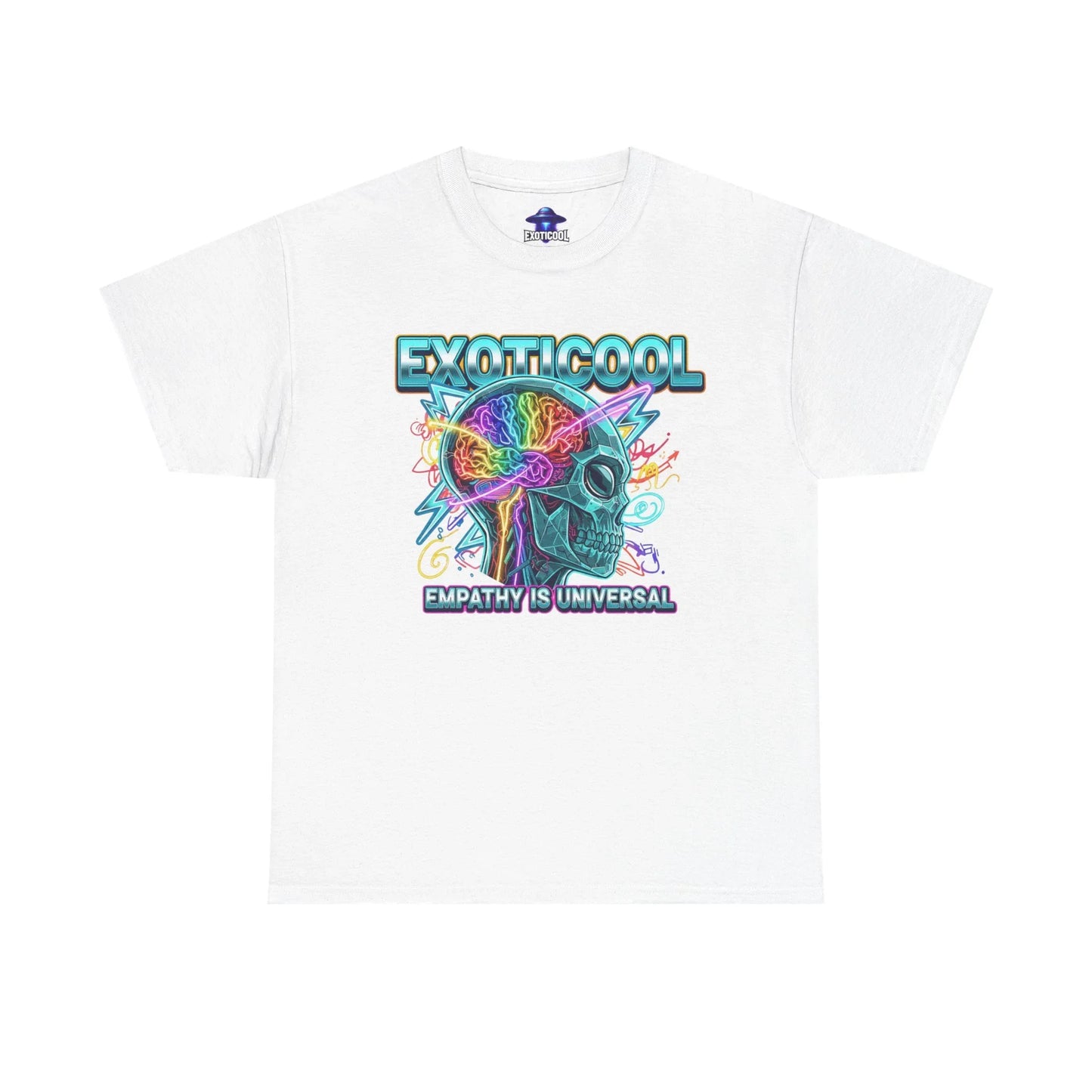 White t-shirt with colorful skull brain graphic, 'EXOTICOOL' text, and 'EMPATHY IS UNIVERSAL' slogan