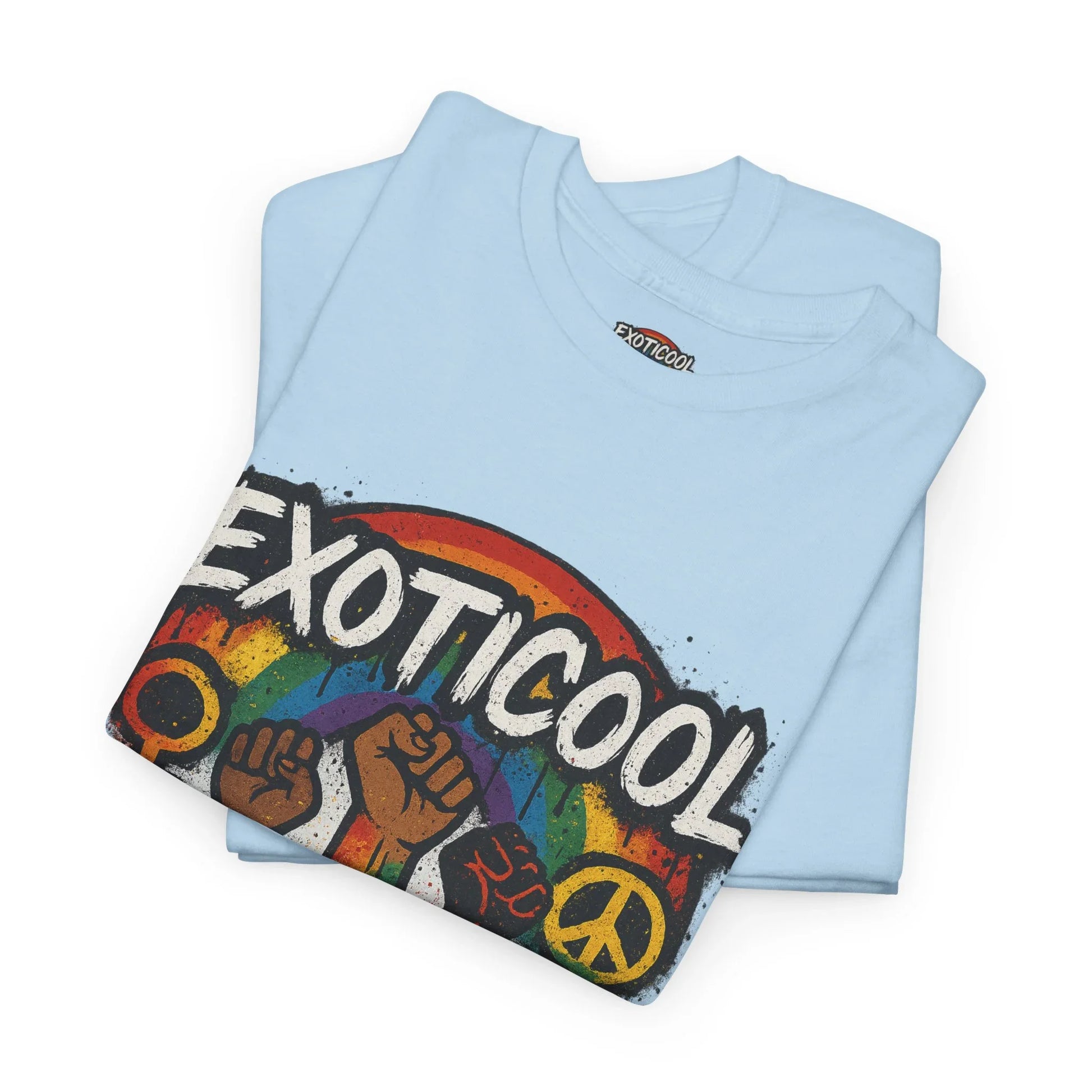 Light blue EXOTICOOL t-shirt with rainbow, raised fists, gender and peace symbols graphic