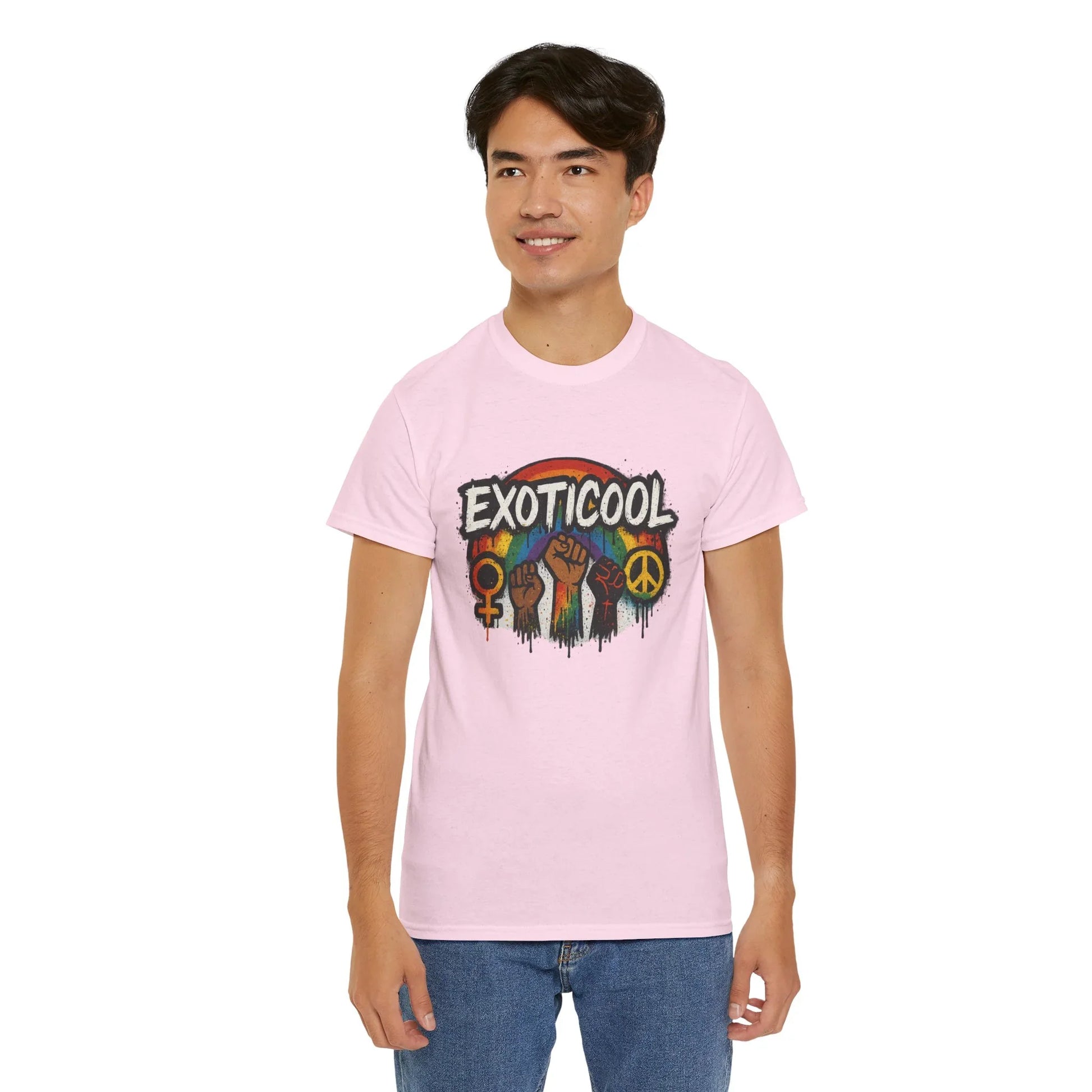 Man wearing pink EXOTICOOL t-shirt with rainbow, peace, and equality symbols
