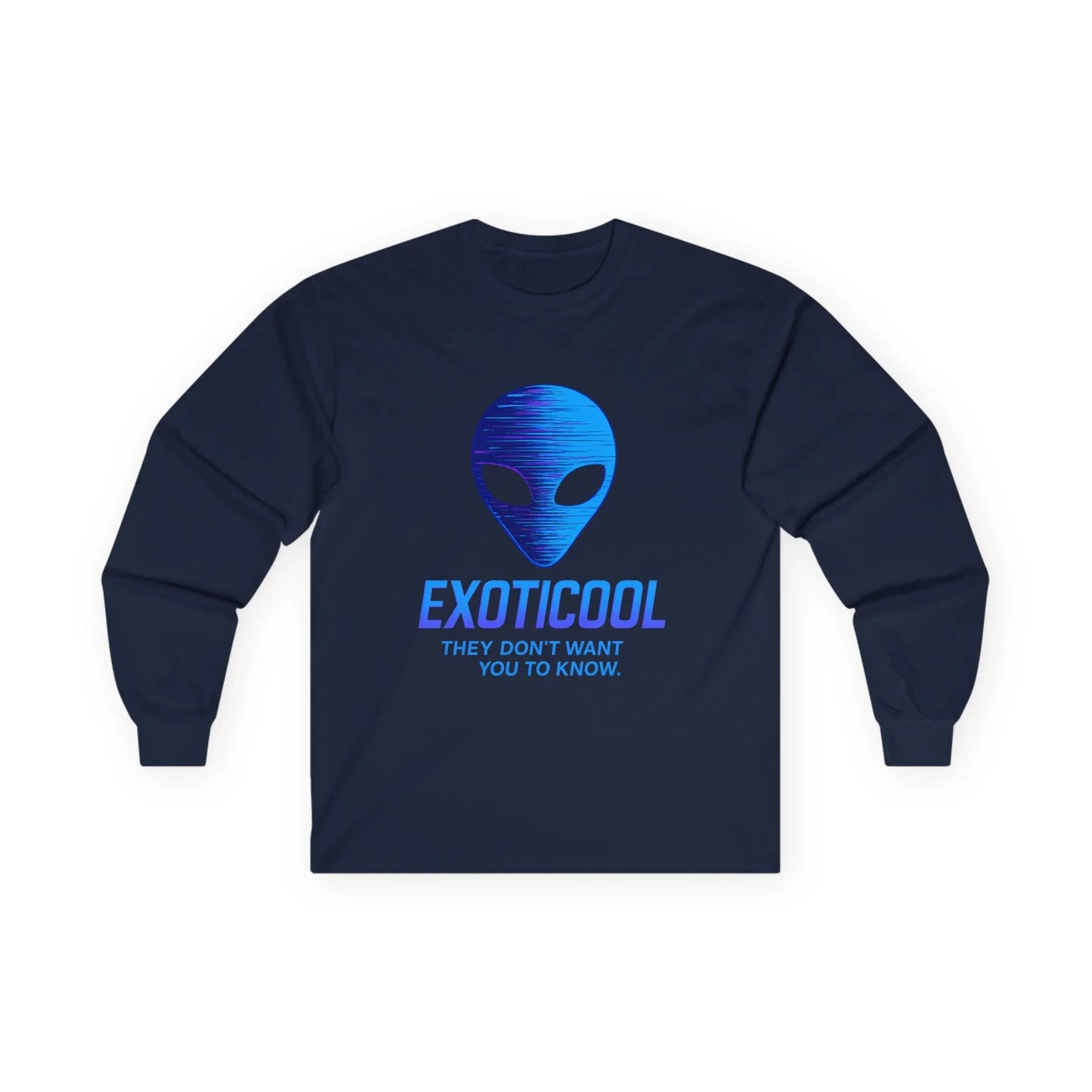 Navy blue long sleeve shirt with blue alien head graphic and 'EXOTICOOL' slogan design.