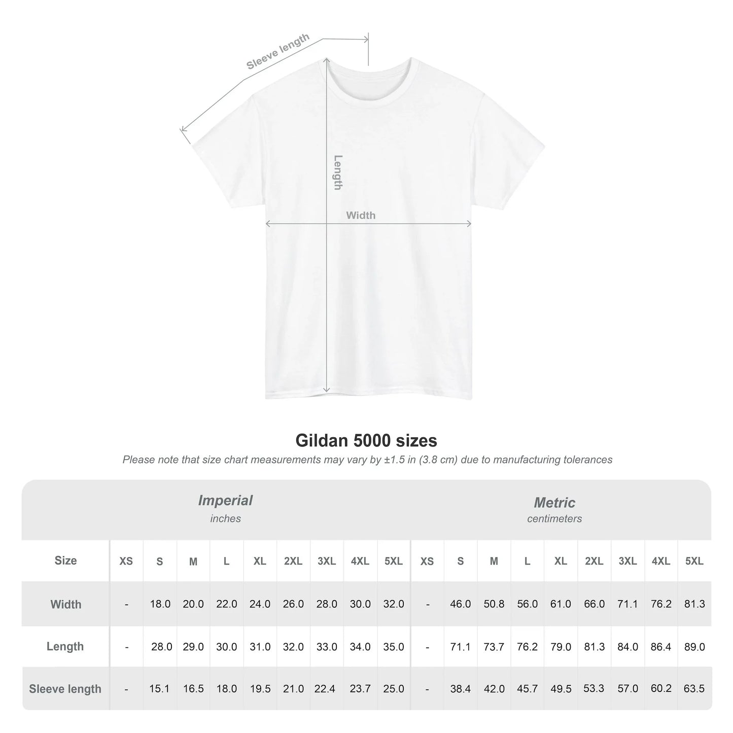 Gildan 5000 size chart with t-shirt measurement diagram, width, length, and sleeve length in inches and centimeters.
