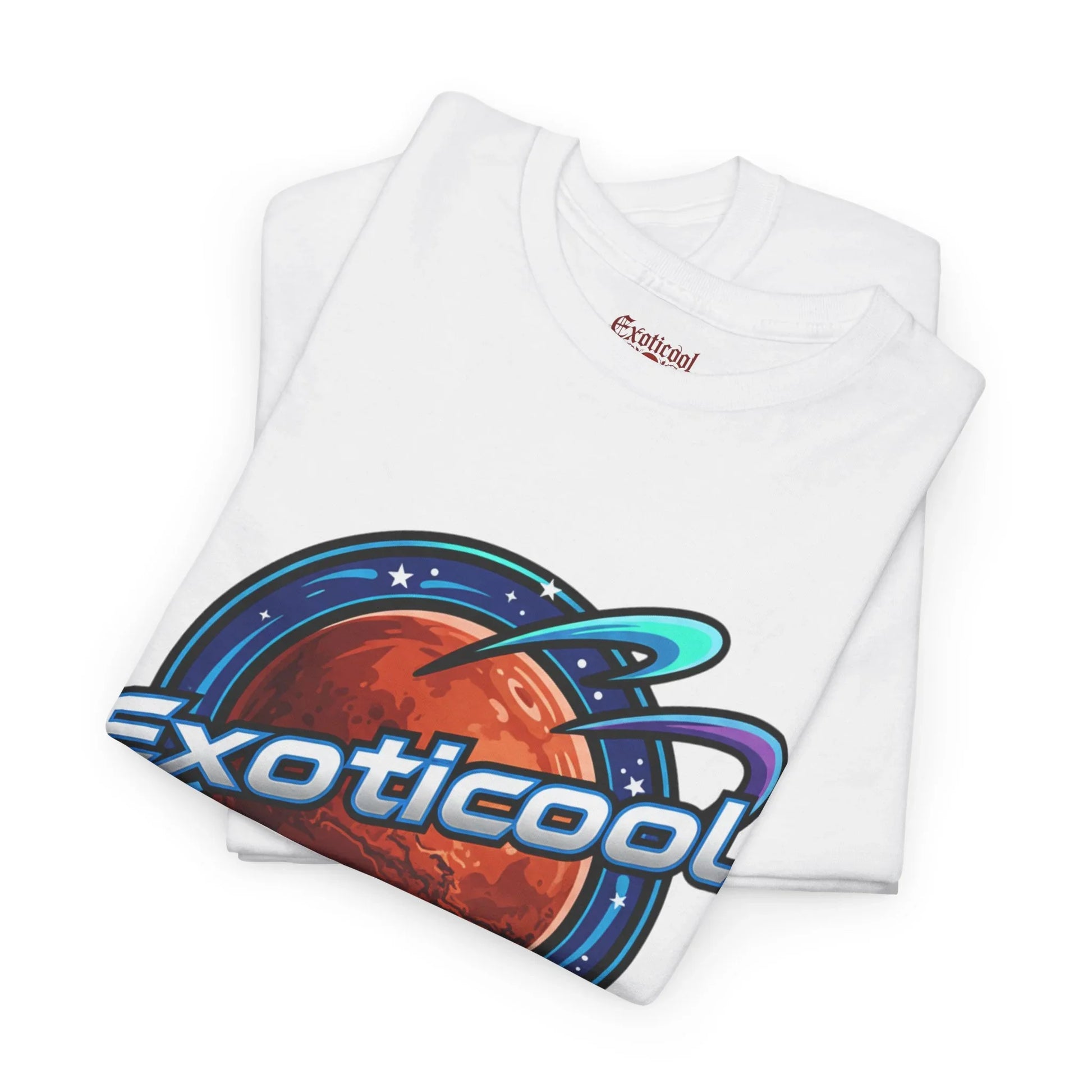 Folded white Exoticool t-shirt with colorful planet graphic and bold logo print