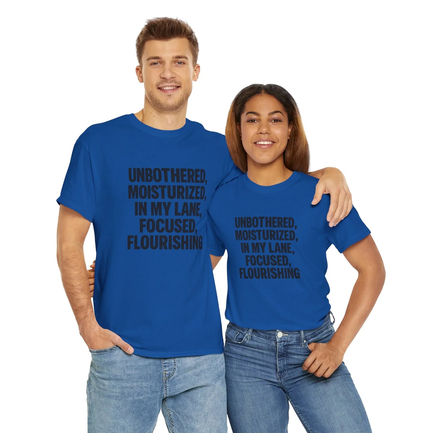 Smiling couple wearing matching blue graphic tees with positive self-care message