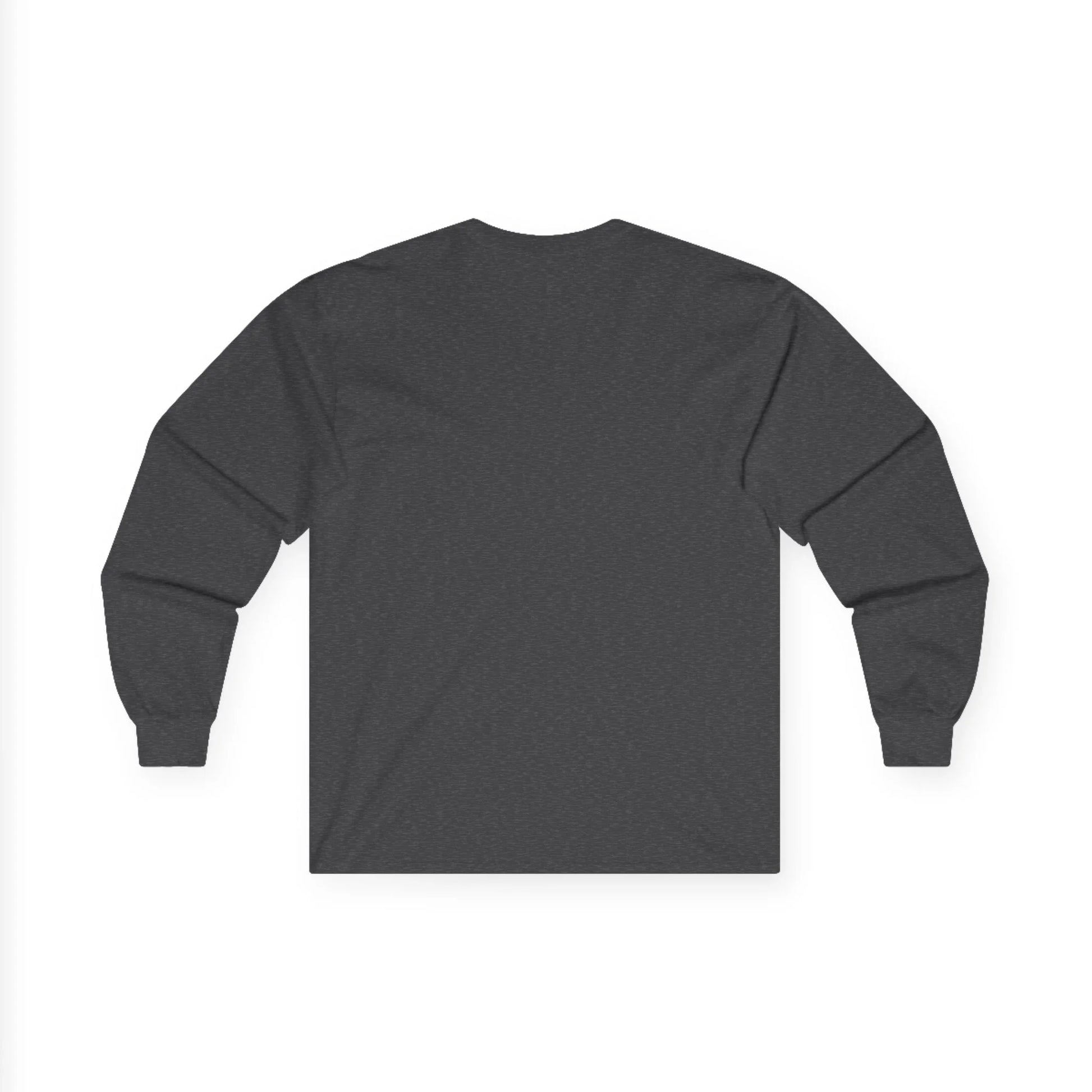 Back view of plain dark gray long sleeve cotton shirt on white background