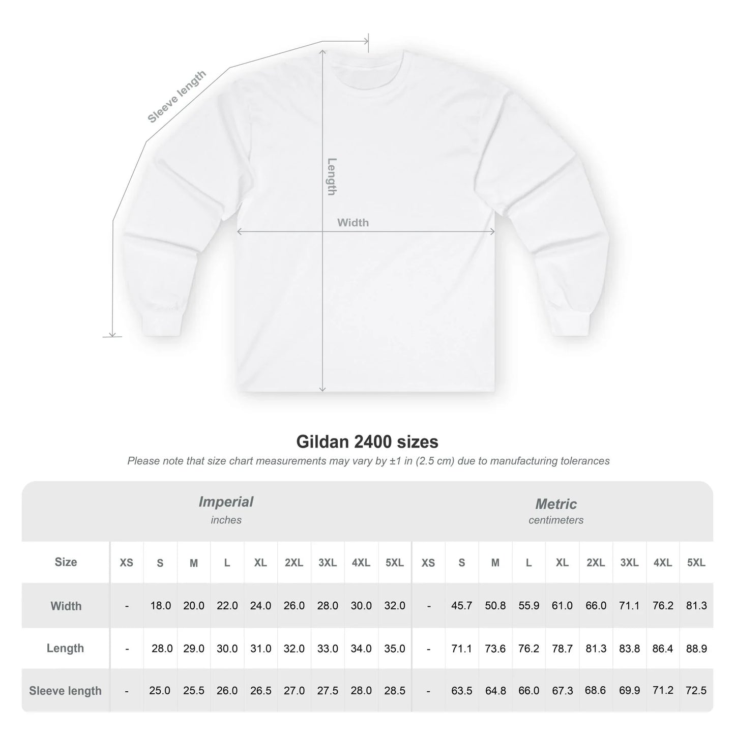 Gildan 2400 size chart with measurements for width, length, and sleeve on white long sleeve shirt