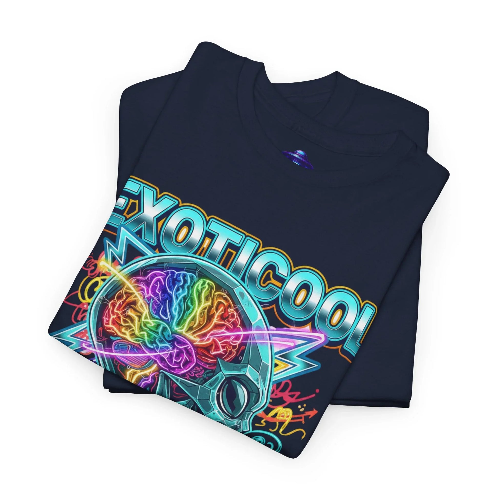 Folded navy t-shirt with vibrant neon alien skull and exoticool text graphic print