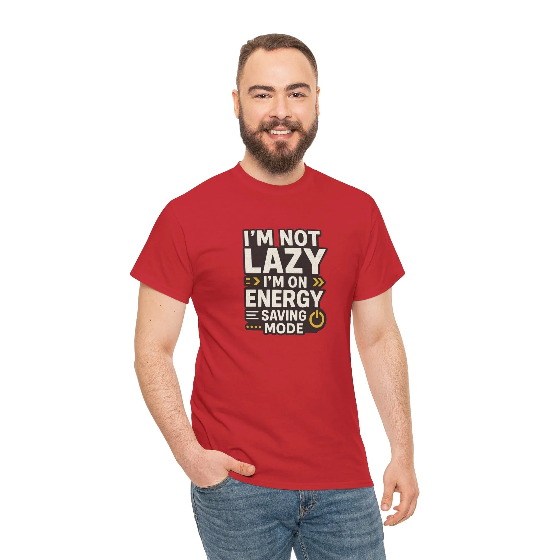 Man wearing red graphic tee with I'm not lazy I'm on energy saving mode text design