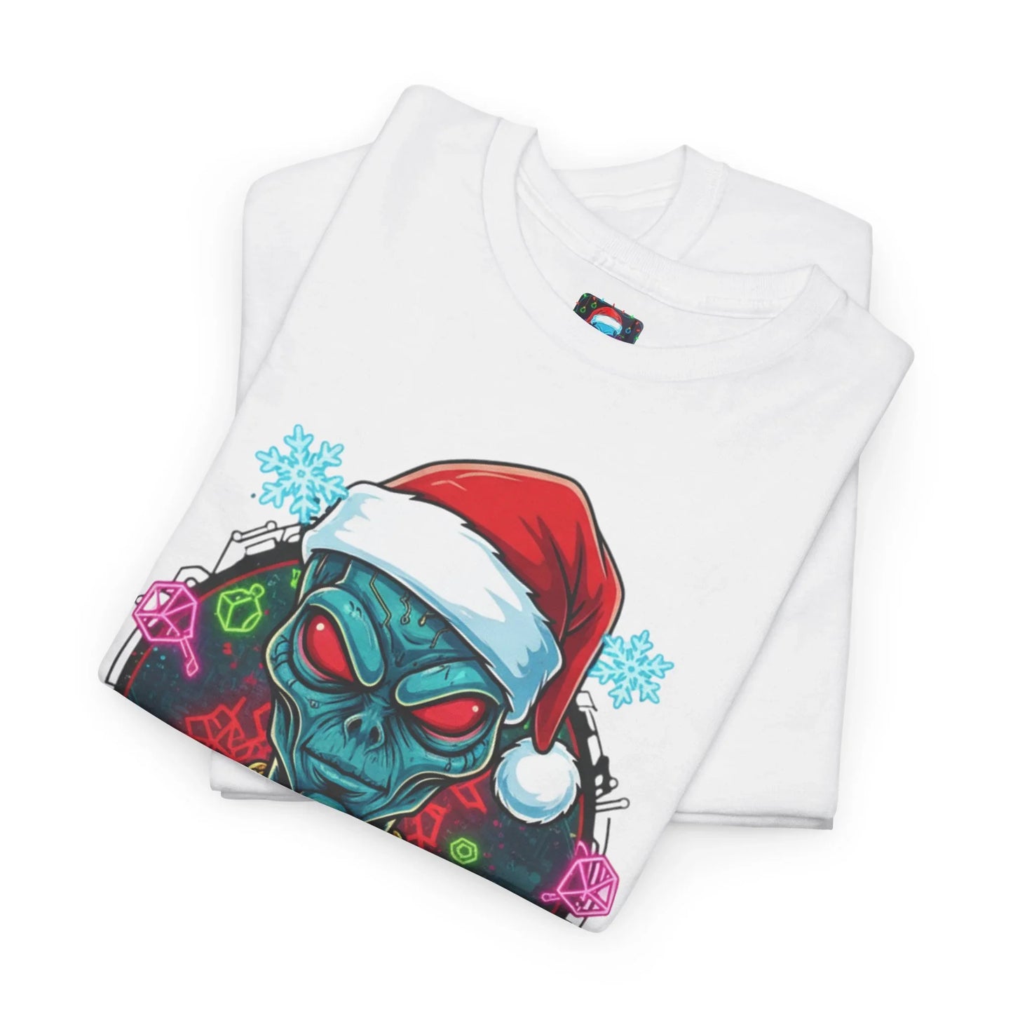 White t-shirt with alien in Santa hat, neon dice, snowflakes, Christmas graphic