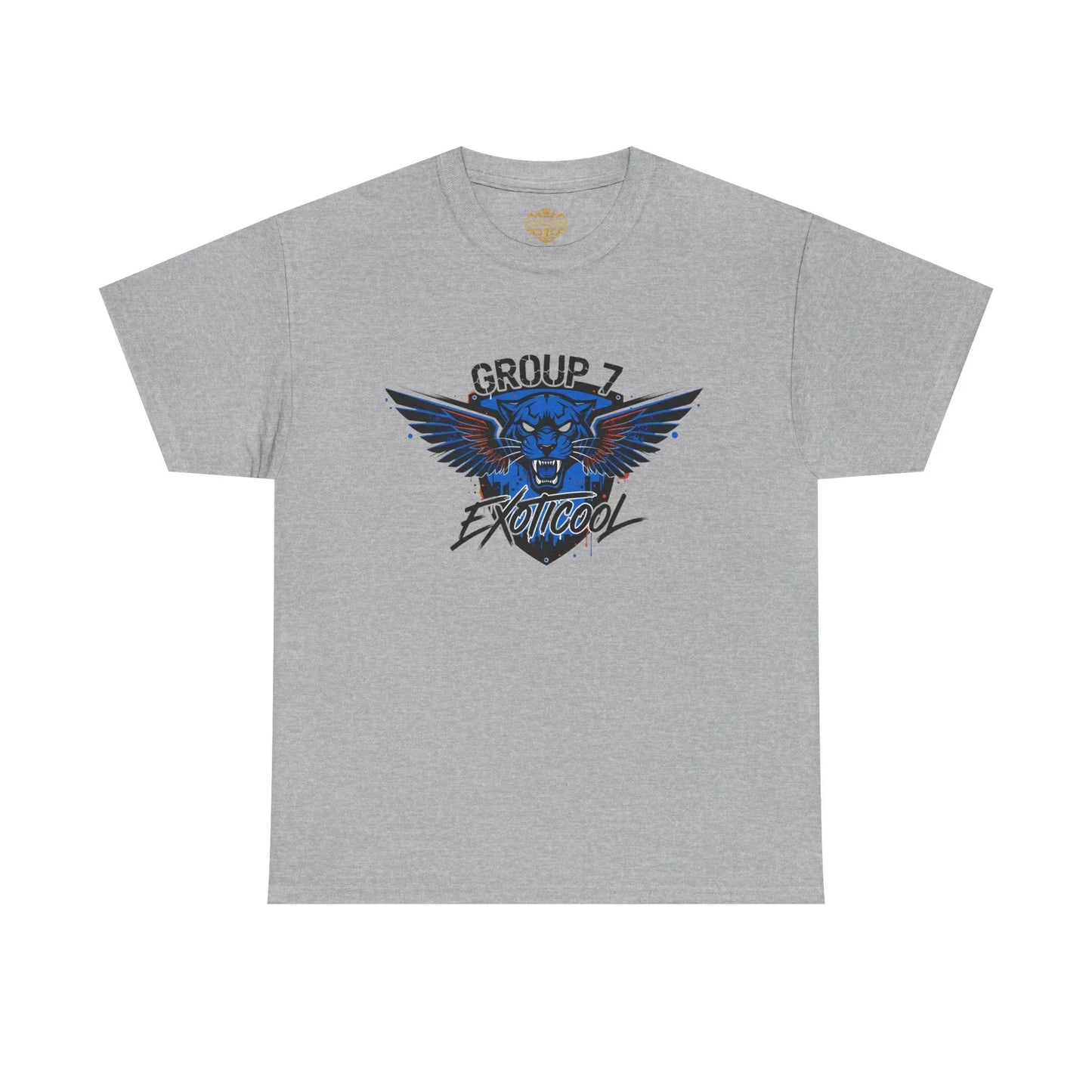 Grey t-shirt with blue winged panther Group 7 Exoticool graphic on front