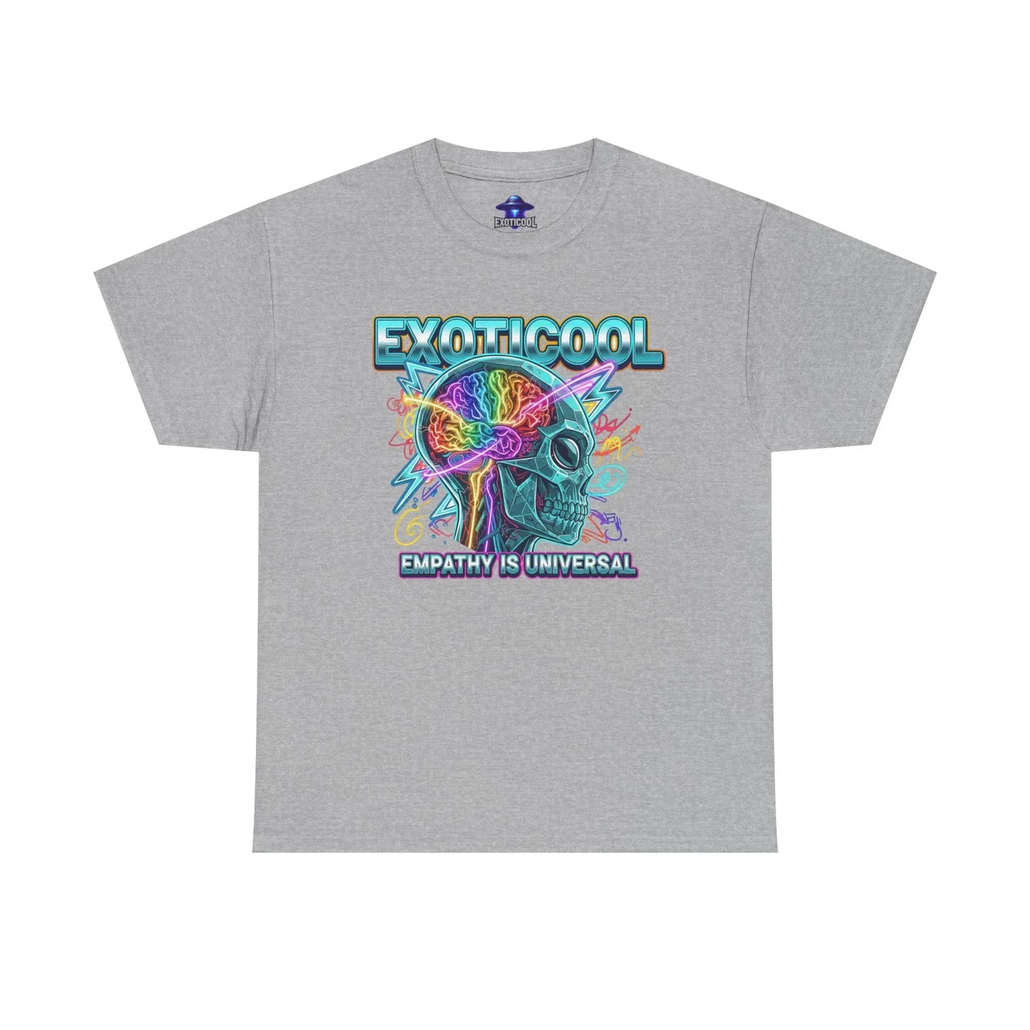 Gray t-shirt with neon skull and brain art, 'EXOTICOOL' and 'Empathy is Universal' text
