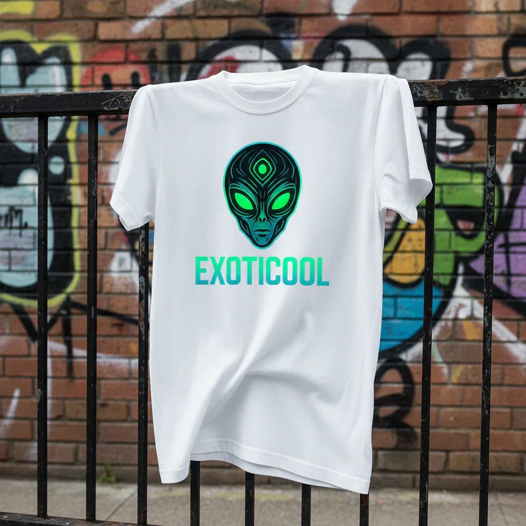 White EXOTICOOL t-shirt with neon alien head design hanging on a fence, urban graffiti background