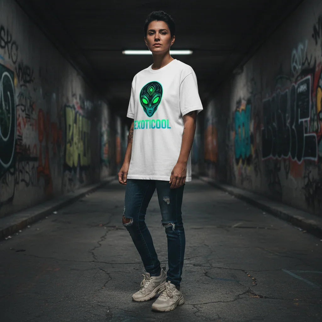 Person wearing EXOTICOOL alien graphic t-shirt in graffiti-covered urban tunnel