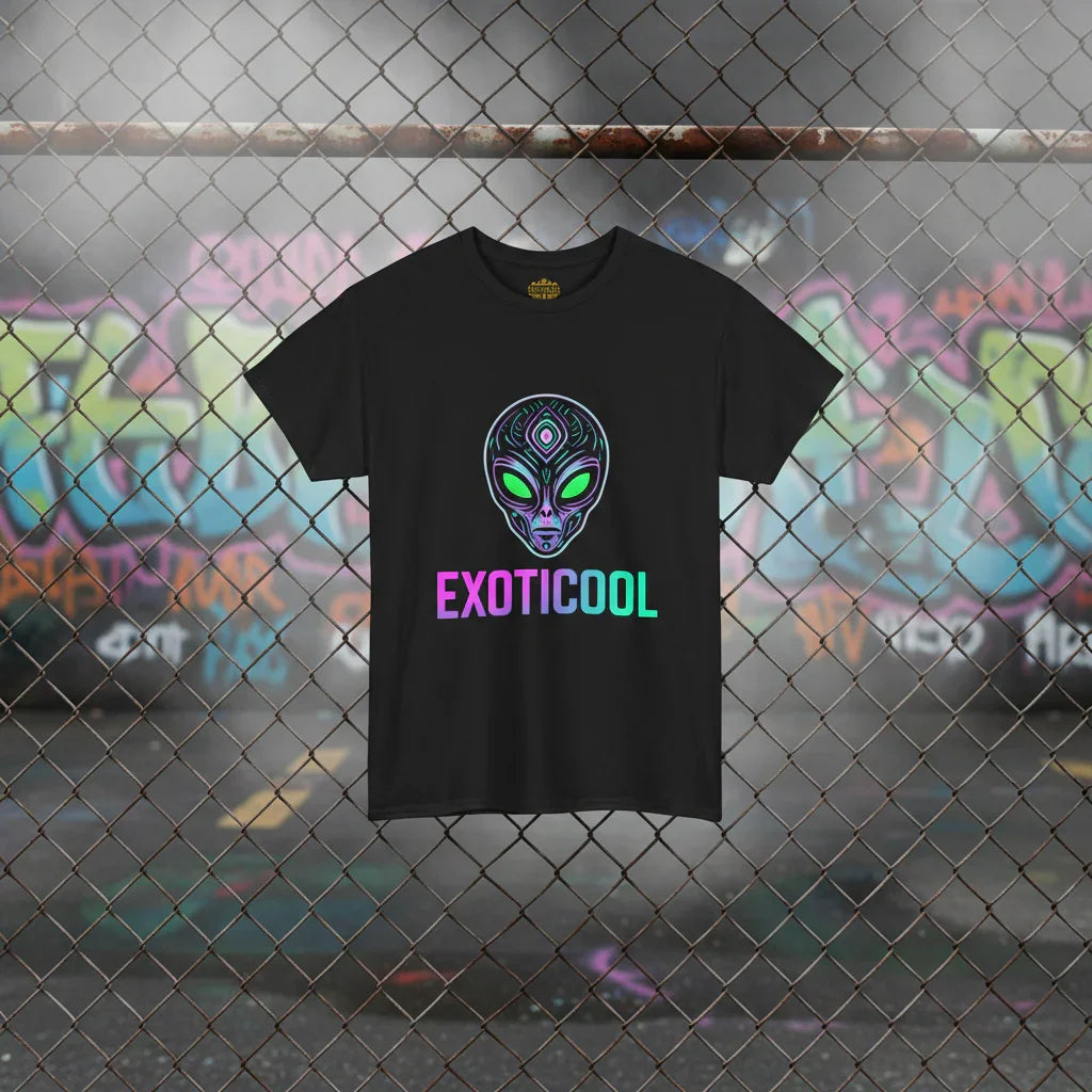 Black EXOTICOOL t-shirt with neon alien face graphic, hanging on fence with graffiti background