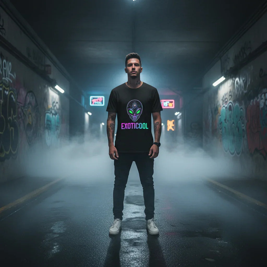 Man in dark EXOTICOOL alien t-shirt standing in a foggy, graffiti-covered urban tunnel