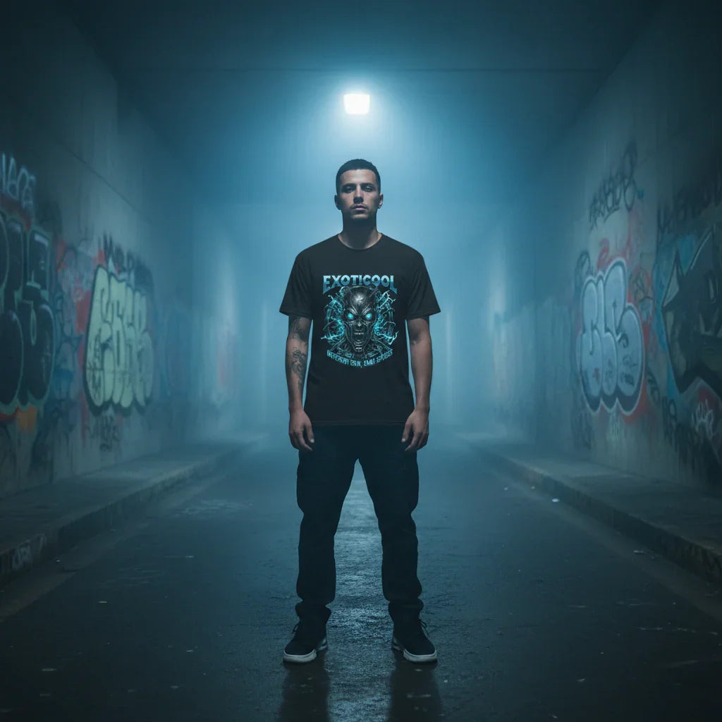 Man in EXOTICOOL graphic t-shirt stands in urban graffiti tunnel under moody lighting