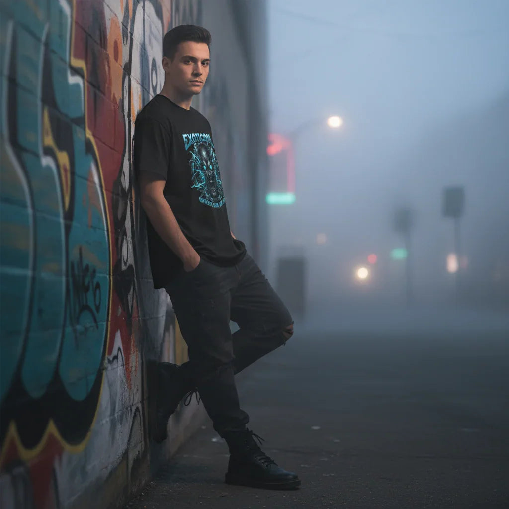 Man in black graphic t-shirt and jeans leaning on graffiti wall in foggy urban street