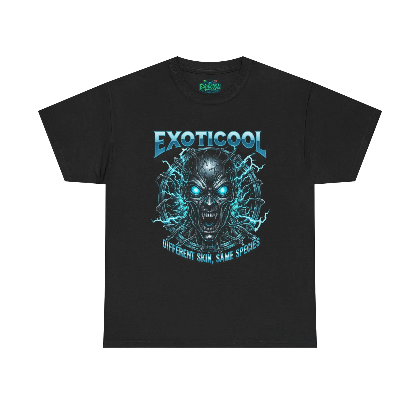 Black EXOTICOOL graphic t-shirt with glowing cyborg face and 'Different Skin, Same Species' text