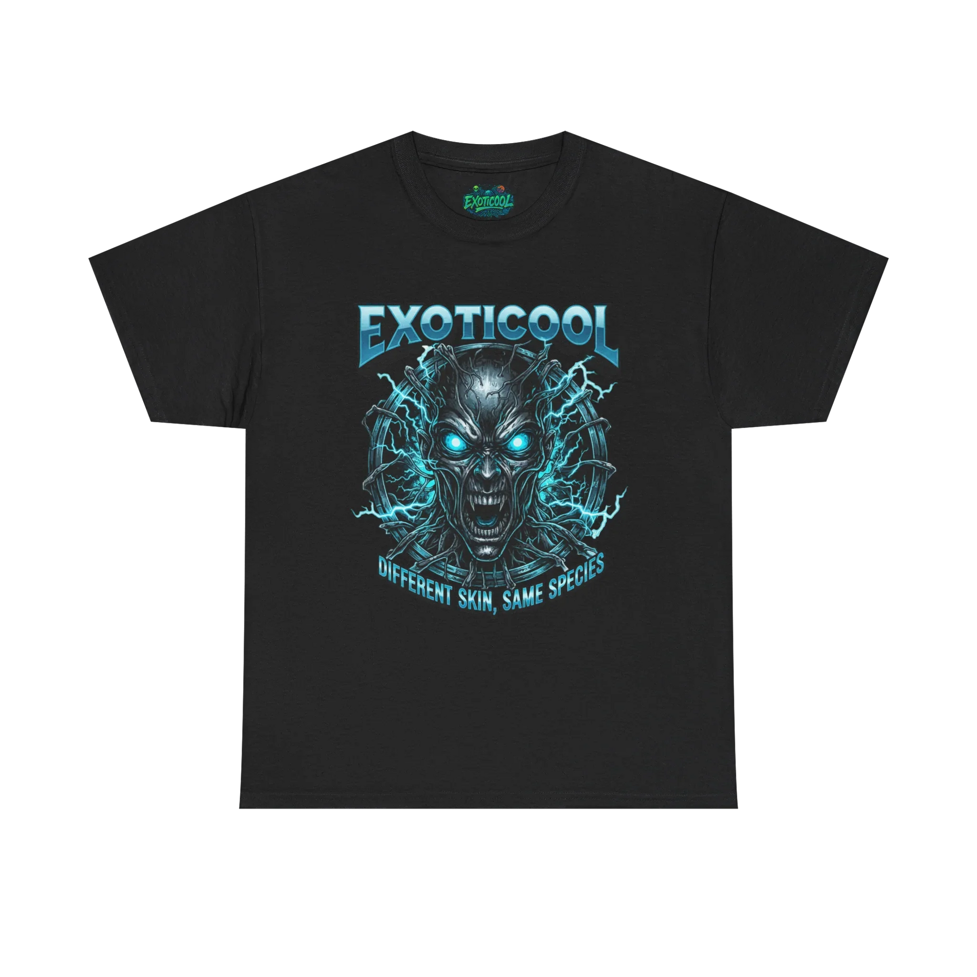 Black EXOTICOOL graphic t-shirt with glowing cyborg face and 'Different Skin, Same Species' text