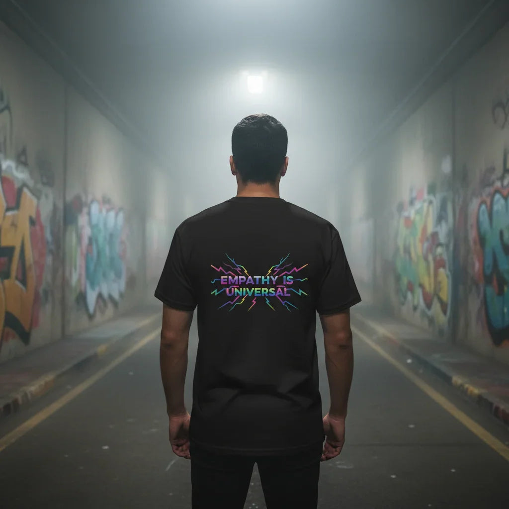 Man wearing Empathy Is Universal shirt in graffiti art tunnel with moody lighting