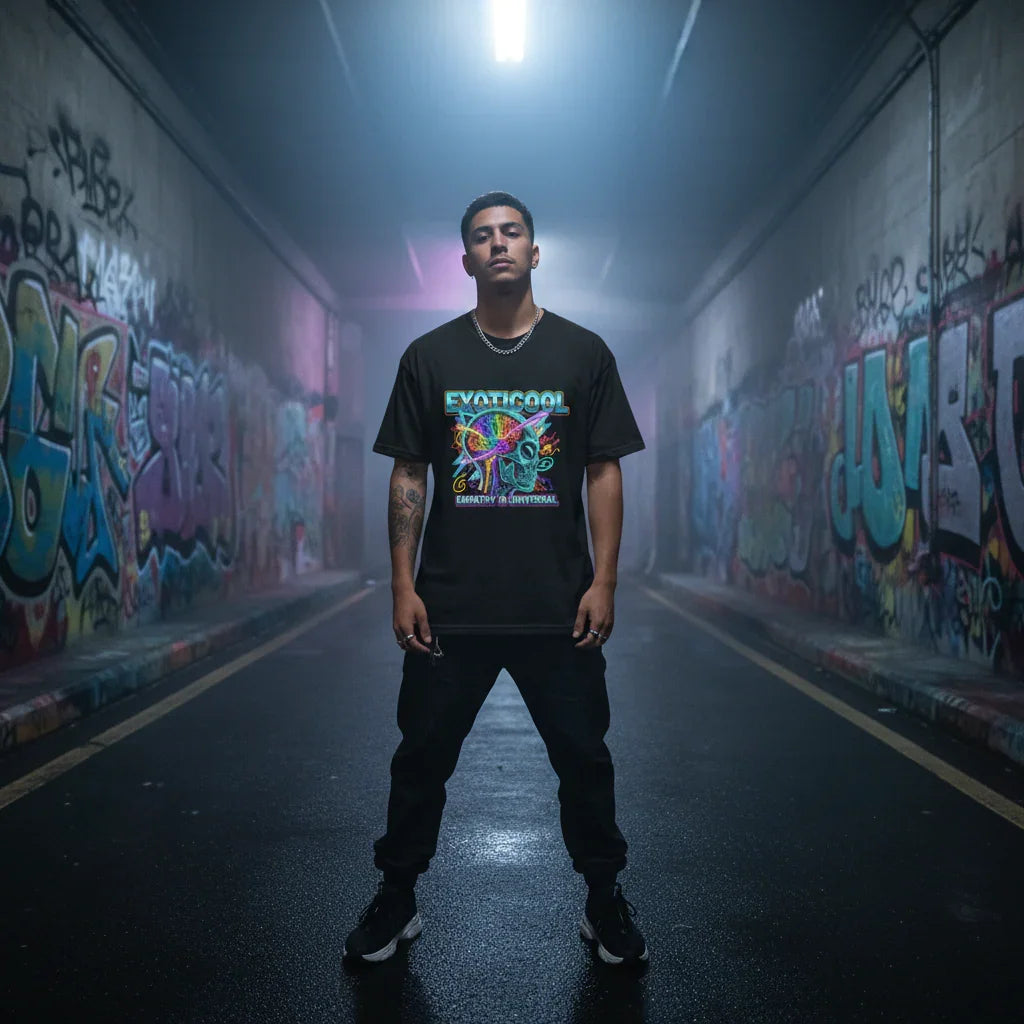 Man in Exaticool graphic t-shirt stands in graffiti-covered urban tunnel at night